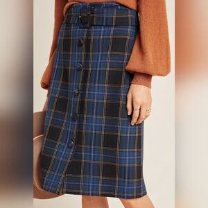 Anthropologie Maeve Bernadette Button-Front Midi Skirt Plaid Blue Black Sz 6